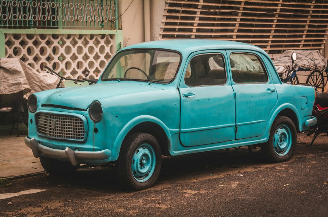 Vintage blue classic car on a street